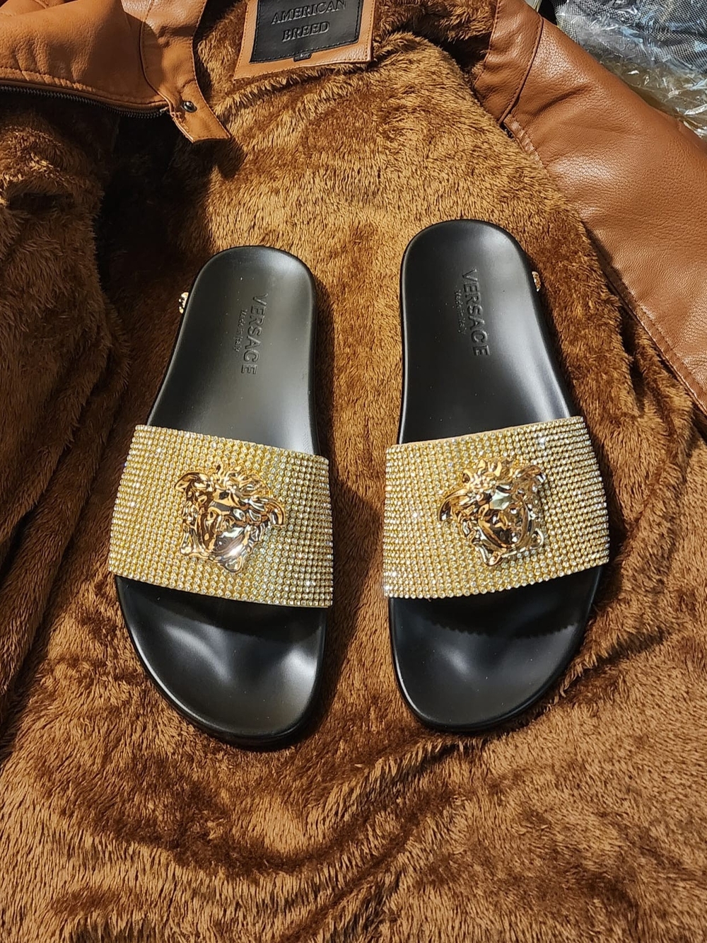 Versace Black & Gold Crystal Medusa Slide Sandals
